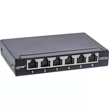 InLine Patchpanel Cat.6A 0,5U 6-Port, Tisch/Wand/Schiene, schwarz mit Staubschutz