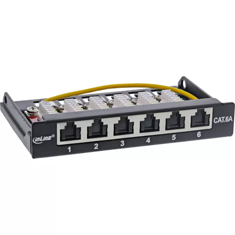 InLine Patchpanel Cat.6A 0,5U 6-Port, Tisch/Wand/Schiene, schwarz mit Staubschutz