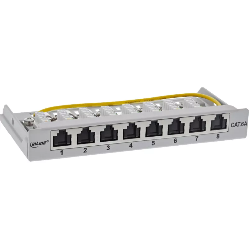 InLine Patchpanel Cat.6A 0,5HE 8-Port, Tisch/Wand/Schiene, grau, Staubschutz