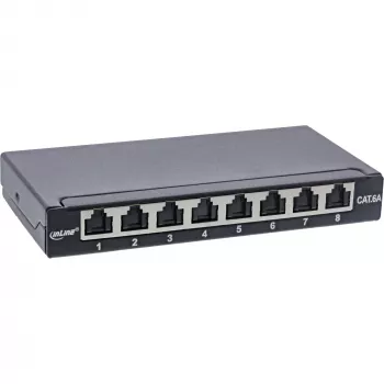 InLine Patch panel Cat.6A 0.5U 8-Port, Tisch/Wand/Schiene, schwarz, Staubschutz