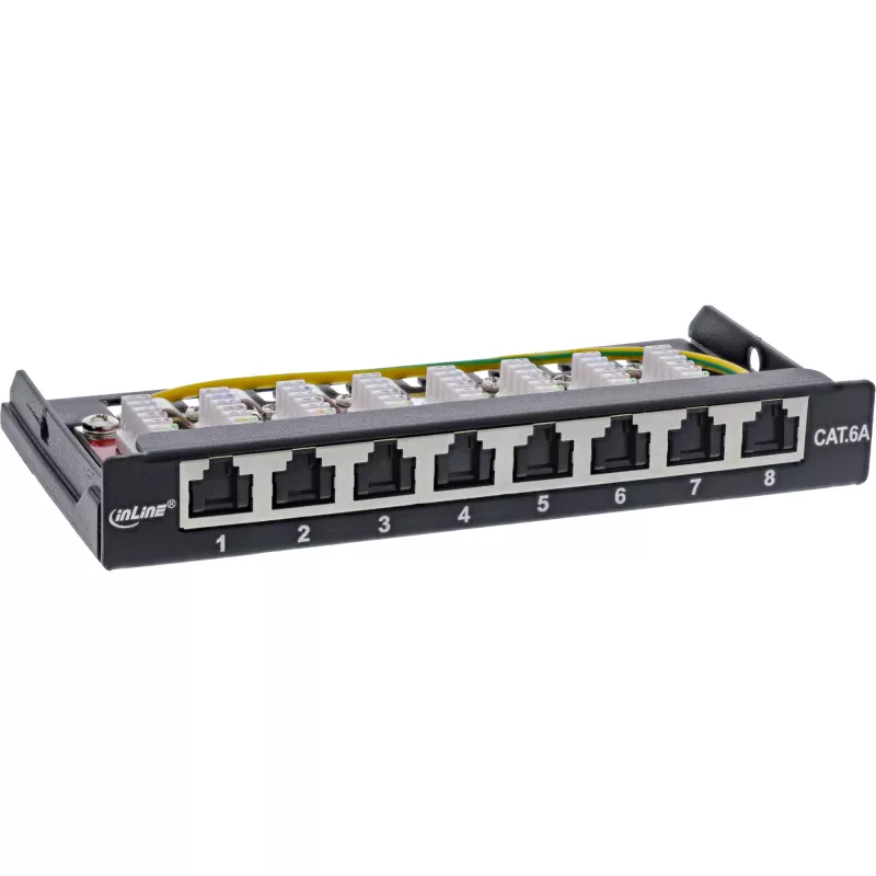 InLine Patch panel Cat.6A 0.5U 8-Port, Tisch/Wand/Schiene, schwarz, Staubschutz