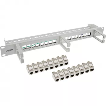 InLine Patch Panel Cat.6A 16-fach, mit 3 Kabelmanagementbügeln, 16 Keystones, 19 Zoll, 1HE, grau