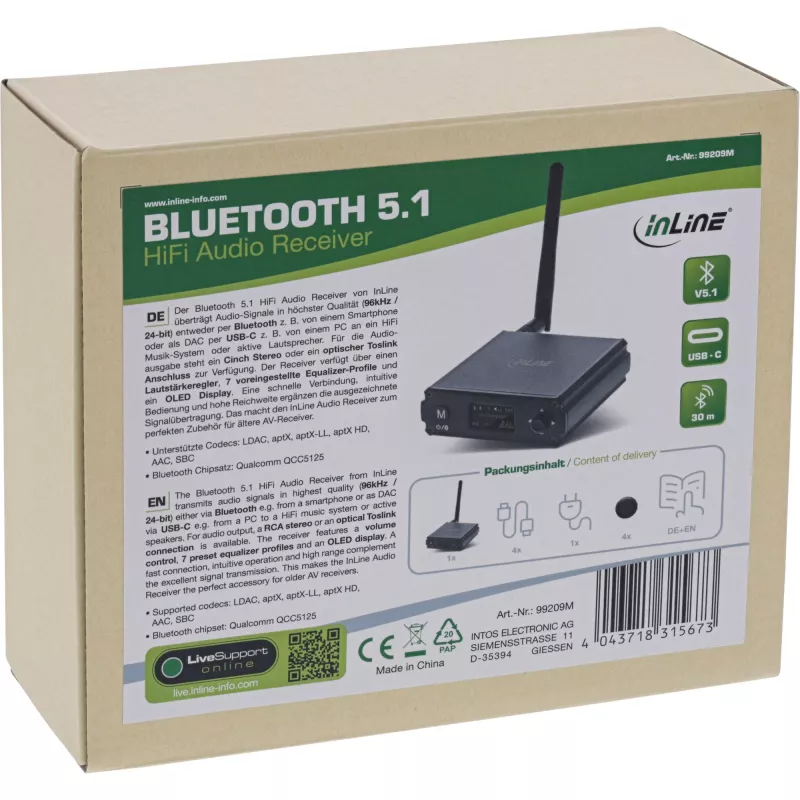 InLine Bluetooth 5.1 HiFi-Receiver & USB-DAC mit LCD 30m Reichweite