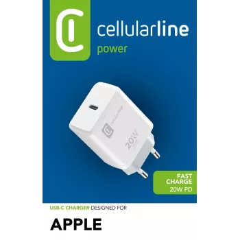 Cellularline USB-C-Ladegerät 20 W – iPhone 8 oder neuer 20-W-USB-C-Netzladegerät zum Aufladen des iPhone 8 und neuerer Modelle mit maximaler Geschwindigkeit