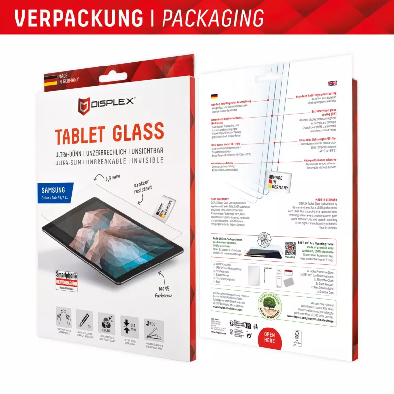 Displex Tablet Glass (9H) für Samsung Galaxy Tab A11/A9, Eco-Montagerahmen, unzerbrechlich
