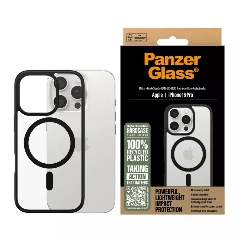 PanzerGlass® HardCase Transparent mit schwarzem MagSafe & Rahmen iPhone 16 Pro