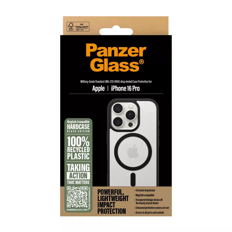 PanzerGlass® HardCase Transparent mit schwarzem MagSafe & Rahmen iPhone 16 Pro