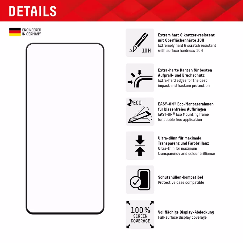 Displex Premium Displayschutzfolie (Full Cover, 10H) für Samsung Galaxy S22+/S23+, Eco Montagerahmen, Full Cover