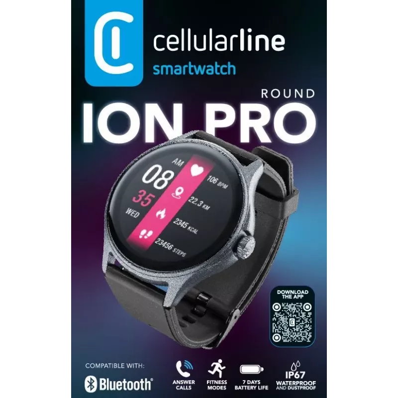 Cellularline ION PRO Round Bluetooth® Smartwatch mit App, 3,51 cm (1,38 Zoll), TFT, Touchscreen, 0,00064 GB, 98 g