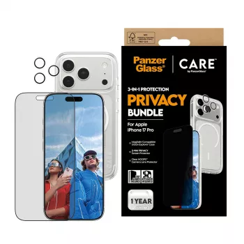 Privacy Case PanzerGlass für iPhone 17 Pro 3-in-1 — CARE Serie, Sichtschutz, integrierte Kameraabdeckung