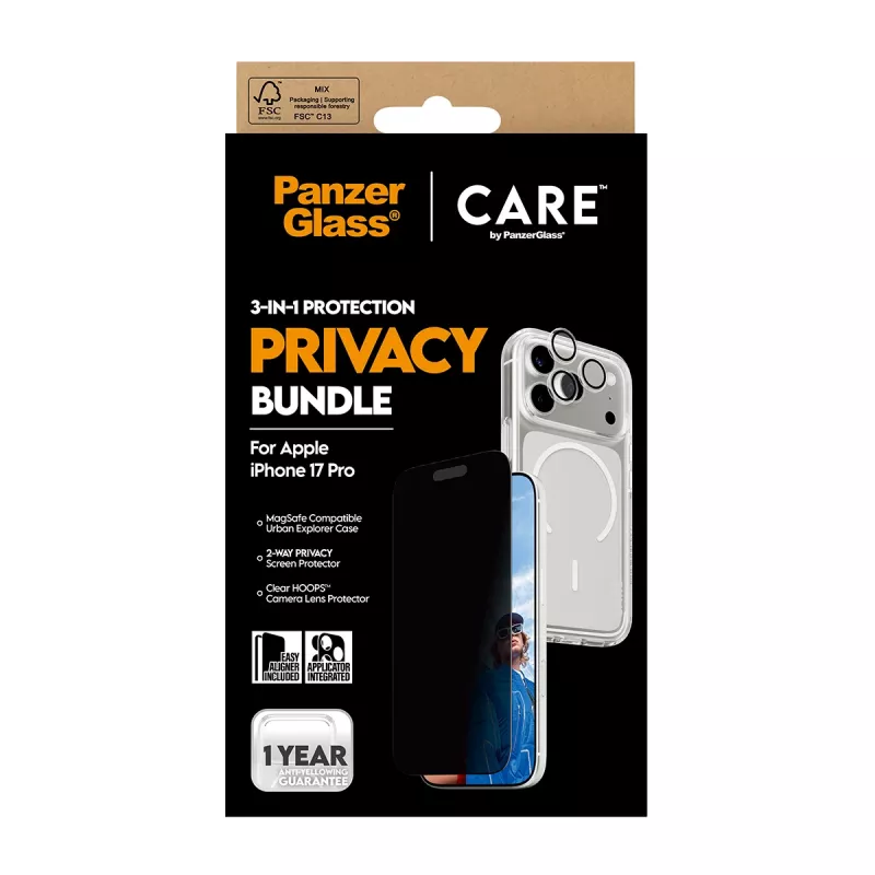 Privacy Case PanzerGlass für iPhone 17 Pro 3-in-1 — CARE Serie, Sichtschutz, integrierte Kameraabdeckung