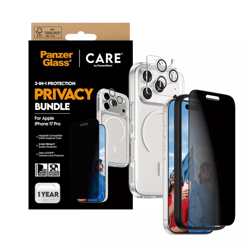 Privacy Case PanzerGlass für iPhone 17 Pro 3-in-1 — CARE Serie, Sichtschutz, integrierte Kameraabdeckung