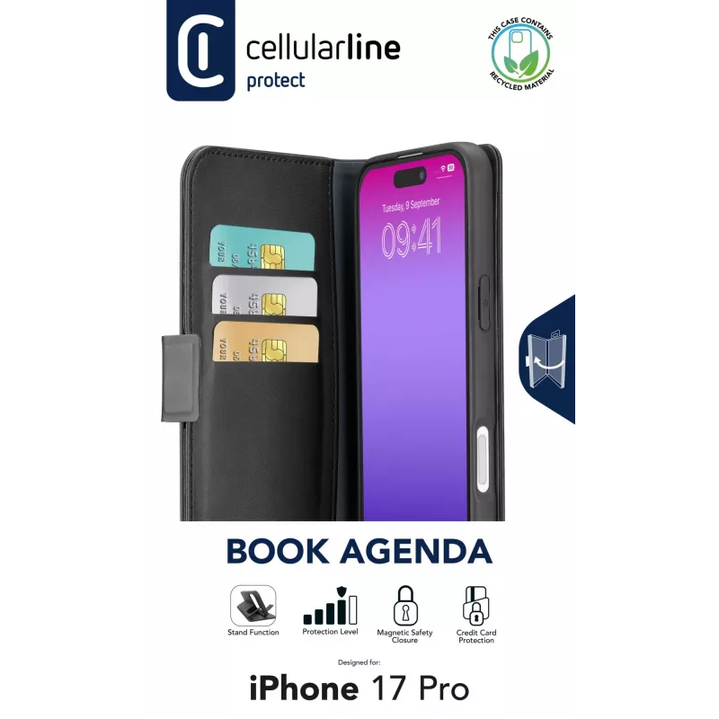 Cellularline Book Agenda – iPhone 17 Pro Lederoptik-Buchhülle mit Magnetverschluss