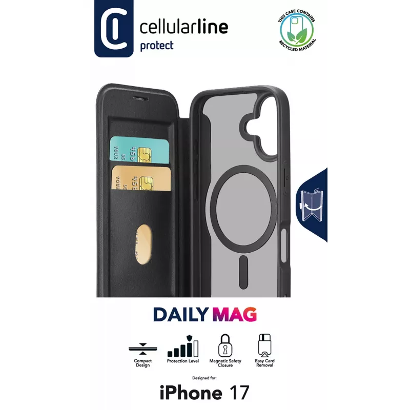 Cellularline Daily Mag - iPhone 17 Book-Cover mit halbtransparenter Hartrückseite, kompatibel mit dem Magsafe®-Ökosystem