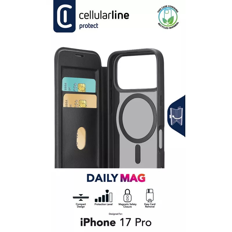 Cellularline Daily Mag - iPhone 17 Pro Book-Cover mit halbtransparentem, hartem Rückteil, kompatibel mit MagSafe®-Ökosystem