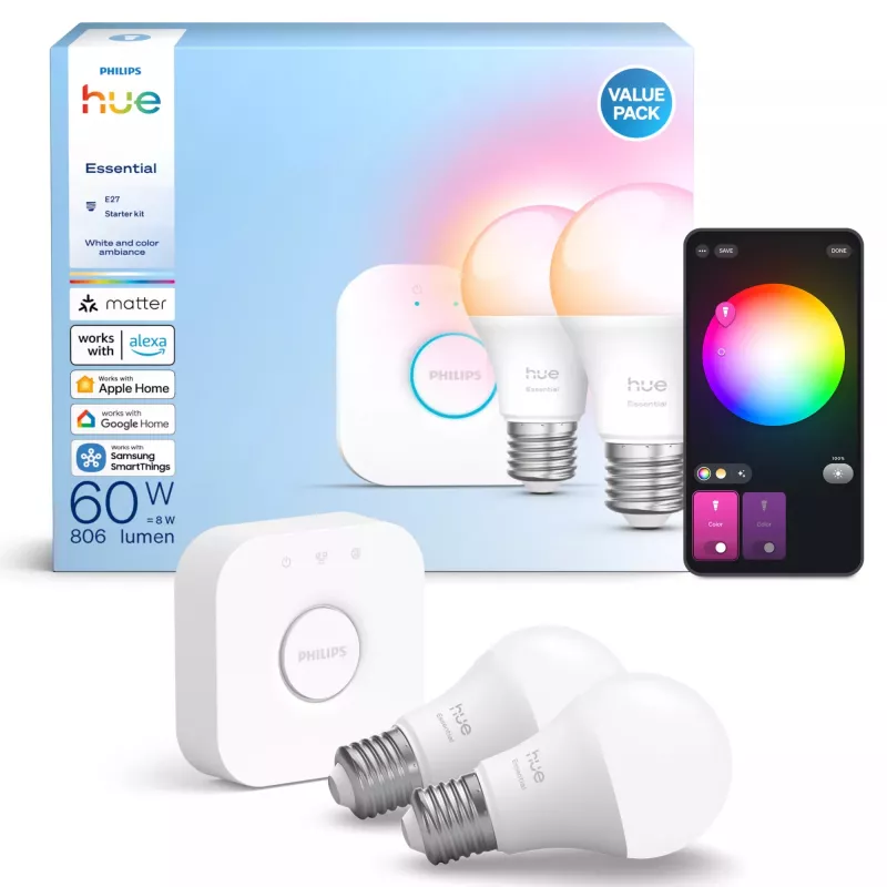 Philips Hue White and colour ambience Essential Starter-Kit: 2 E27 Smart-Lampen (806 lm)