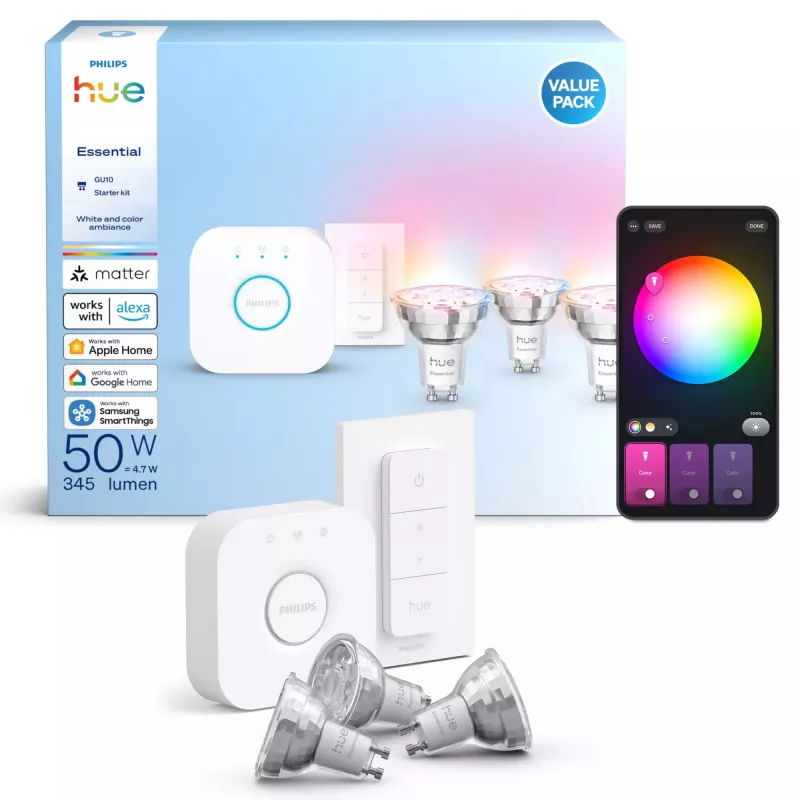Philips Hue White and Colour Ambience Essential Starterkit: 3 GU10 Smart-Leuchtmittel (345 lm) + Dimmschalter