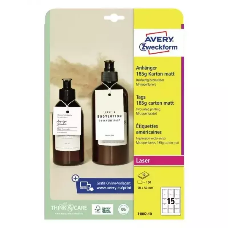 Nicht klebendes Druckeretikett Avery T1002-10 Weiß 5x5 cm 150 Stück