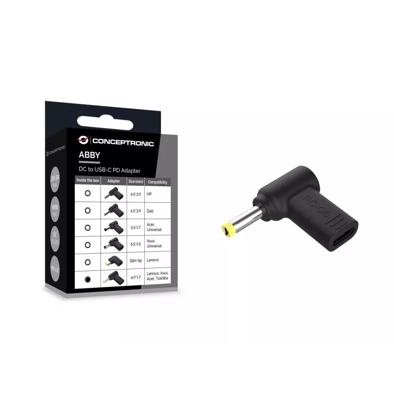 Conceptronic ABBY15PC06 DC-auf-USB-C-Adapter, Lenovo/Asus/Acer/Toshiba 4,0x1,7 mm, 18-20 V