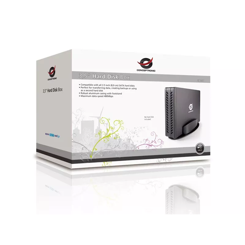Conceptronic 3,5-Zoll-Festplattenbox, HDD-Gehäuse, 3,5 Zoll, Serial ATA, Serial ATA II, Serial ATA III, 0,48 Gbit/s, USB-Anschluss, Schwarz