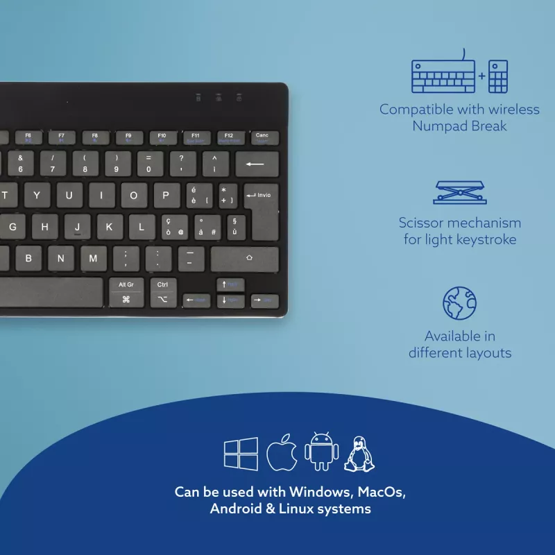 R-Go Tools Ergonomische Tastatur R-Go Compact Break, kompakte Tastatur mit Pausensoftware, QWERTY (IT), Bluetooth, schwarz