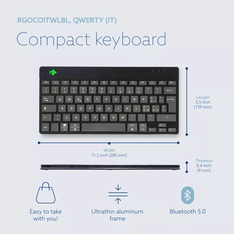 R-Go Tools Ergonomische Tastatur R-Go Compact Break, kompakte Tastatur mit Pausensoftware, QWERTY (IT), Bluetooth, schwarz