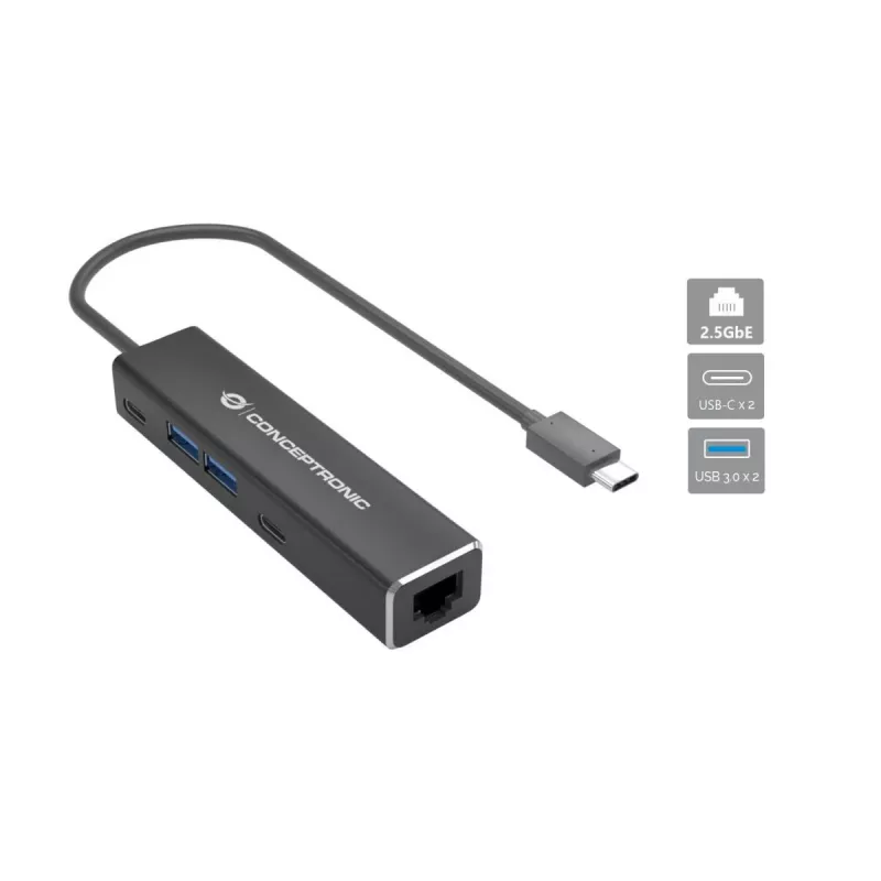 Conceptronic ABBY14B 2.5G Ethernet USB 3.2 Gen 1 Adapter mit USB-Hub, 2.5GbE, USB-A x 2, USB-C x 2