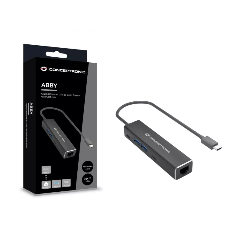 Conceptronic ABBY14B 2.5G Ethernet USB 3.2 Gen 1 Adapter mit USB-Hub, 2.5GbE, USB-A x 2, USB-C x 2