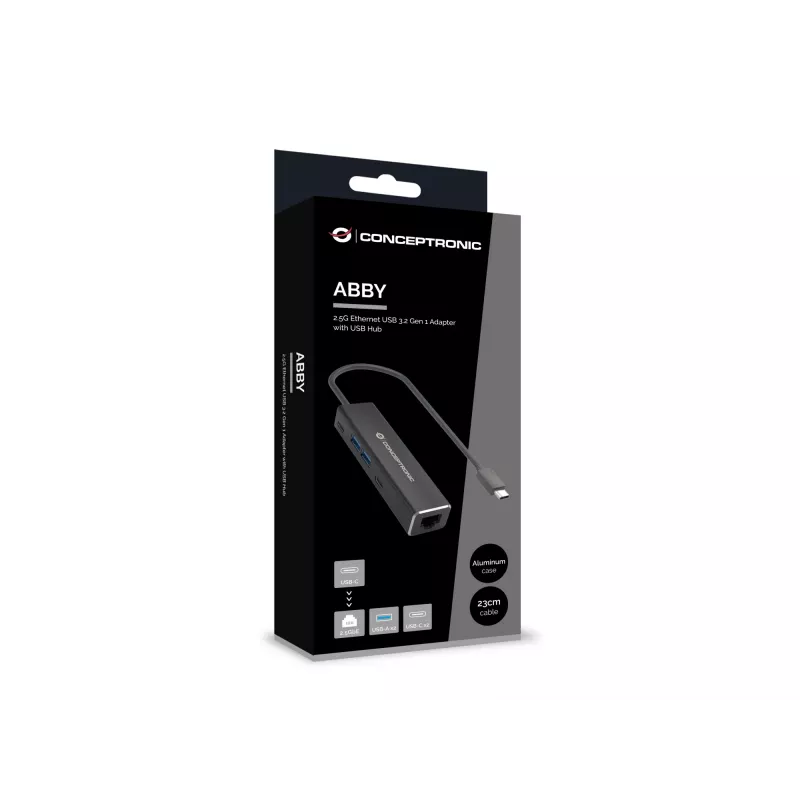 Conceptronic ABBY14B 2.5G Ethernet USB 3.2 Gen 1 Adapter mit USB-Hub, 2.5GbE, USB-A x 2, USB-C x 2