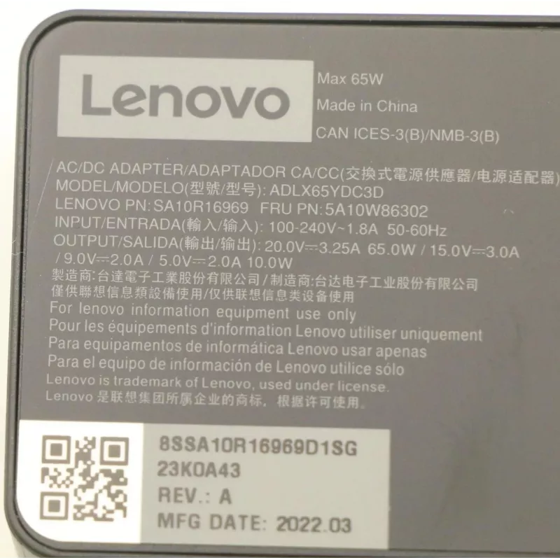 Lenovo 5A10W86202 Netzteil Innenbereich 65 W Schwarz