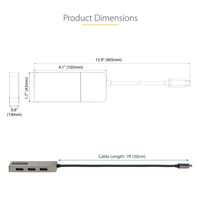 StarTech.com 3-Port USB-C Multi-Monitor Adapter, USB Type-C to 3x DisplayPort 1.4 MST Hub, Triple 4K 60Hz DP Laptop Display Extender / Splitter, HDR, Extra-Long Built-In Kabel - Windows Only
