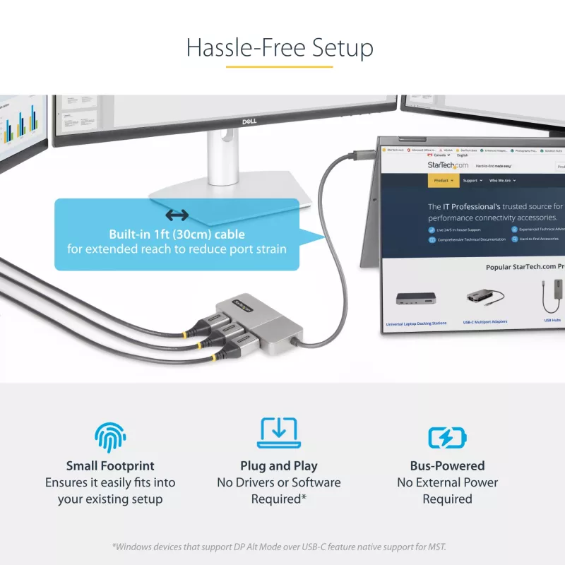 StarTech.com 3-Port USB-C Multi-Monitor Adapter, USB Type-C to 3x DisplayPort 1.4 MST Hub, Triple 4K 60Hz DP Laptop Display Extender / Splitter, HDR, Extra-Long Built-In Kabel - Windows Only