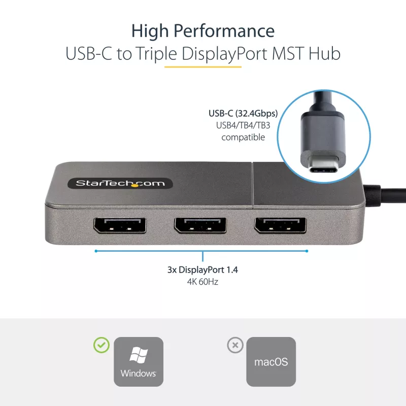 StarTech.com 3-Port USB-C Multi-Monitor Adapter, USB Type-C to 3x DisplayPort 1.4 MST Hub, Triple 4K 60Hz DP Laptop Display Extender / Splitter, HDR, Extra-Long Built-In Kabel - Windows Only