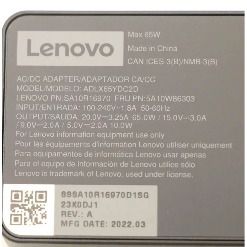 AC Adapter 65W USB Type-C Lenovo 5A10W86303, USB-C PD power supply 65 W