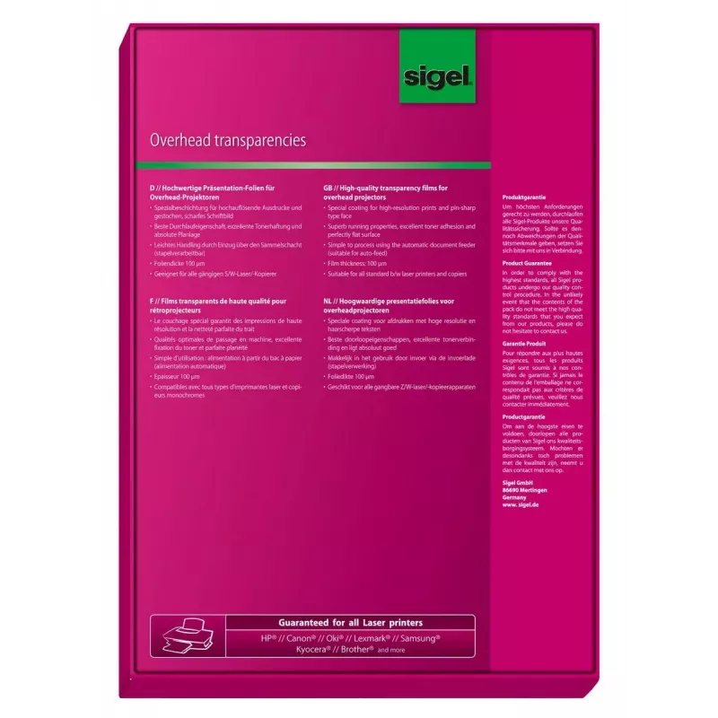 Druckerfolie Laser Sigel LF419 A4 210×297 mm Transparent 100 Blatt