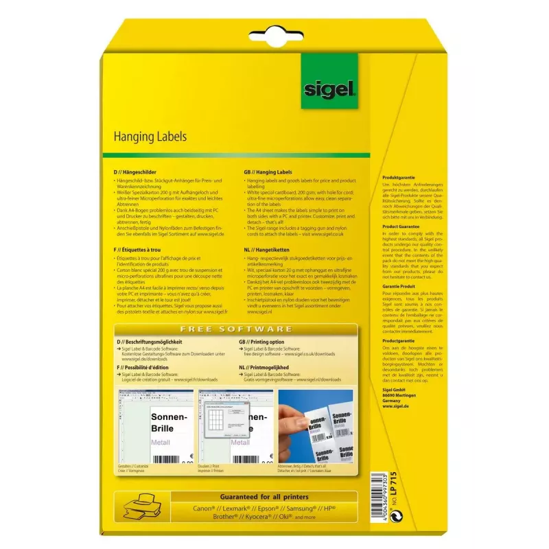 Nicht klebende Druckeretiketten Sigel LP715