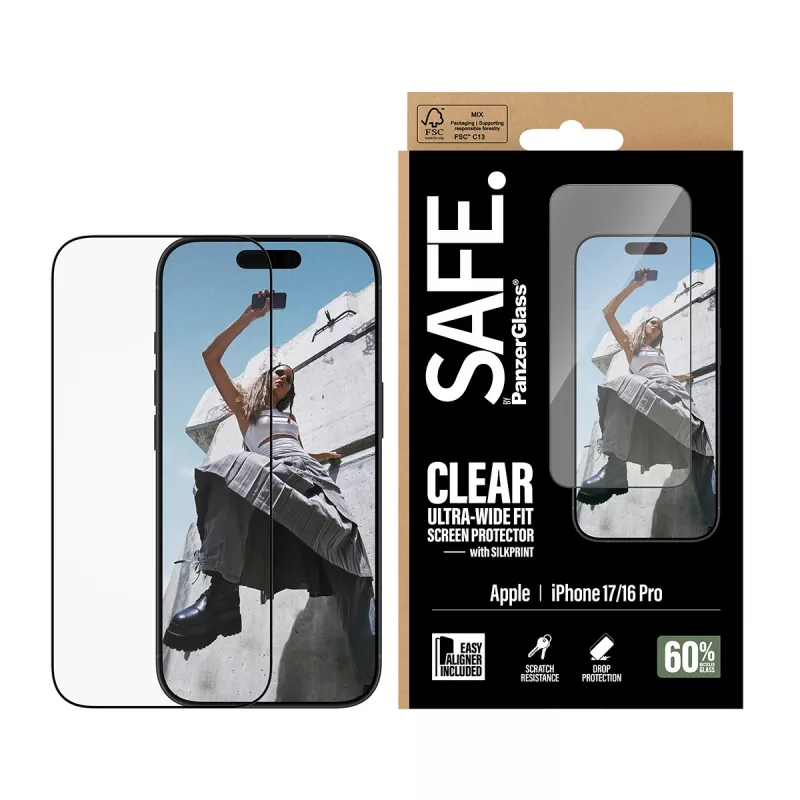 PanzerGlass SAFE. by ® Displayschutz mit schwarzem Rahmen iPhone 17 | 16 Pro | Ultra-Wide Fit mit EasyAligner