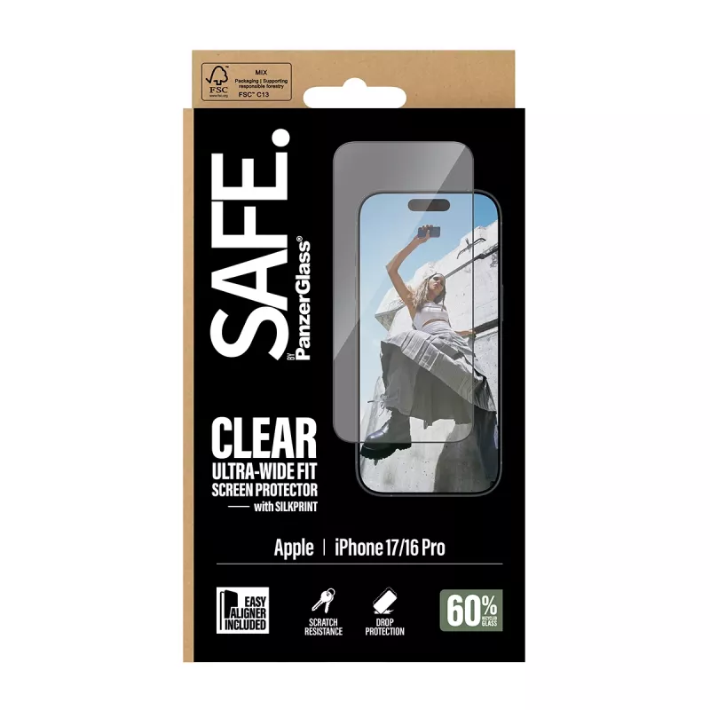 PanzerGlass SAFE. by ® Displayschutz mit schwarzem Rahmen iPhone 17 | 16 Pro | Ultra-Wide Fit mit EasyAligner