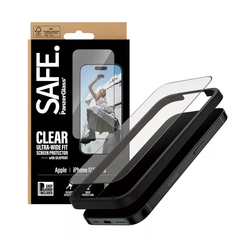 PanzerGlass SAFE. by ® Displayschutz mit schwarzem Rahmen iPhone 17 | 16 Pro | Ultra-Wide Fit mit EasyAligner