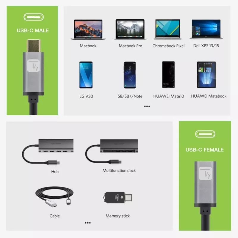 Techly USB 3.2 Gen 2 USB-C M/F Kabel 1m Schwarz, 1 m, USB C, USB C, USB 3.2 Gen 2 (3.1 Gen 2), 10 Gbit/s, Schwarz, Grau