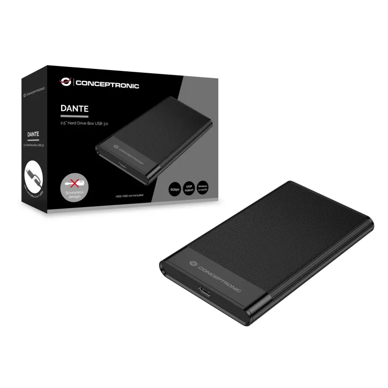Conceptronic DANTE06B 2,5 Zoll Festplattengehäuse USB 3.0, HDD/SSD Gehäuse, 2,5 Zoll, Serial ATA III, 6 Gbit/s, USB-Anschluss, Schwarz