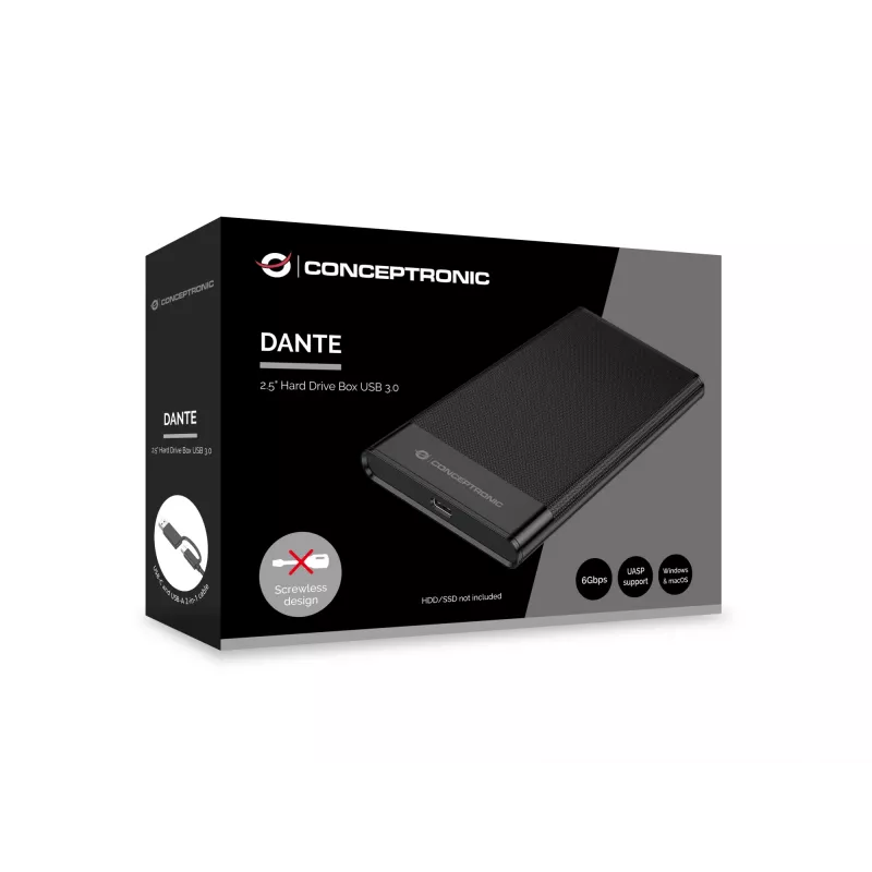 Conceptronic DANTE06B 2,5 Zoll Festplattengehäuse USB 3.0, HDD/SSD Gehäuse, 2,5 Zoll, Serial ATA III, 6 Gbit/s, USB-Anschluss, Schwarz