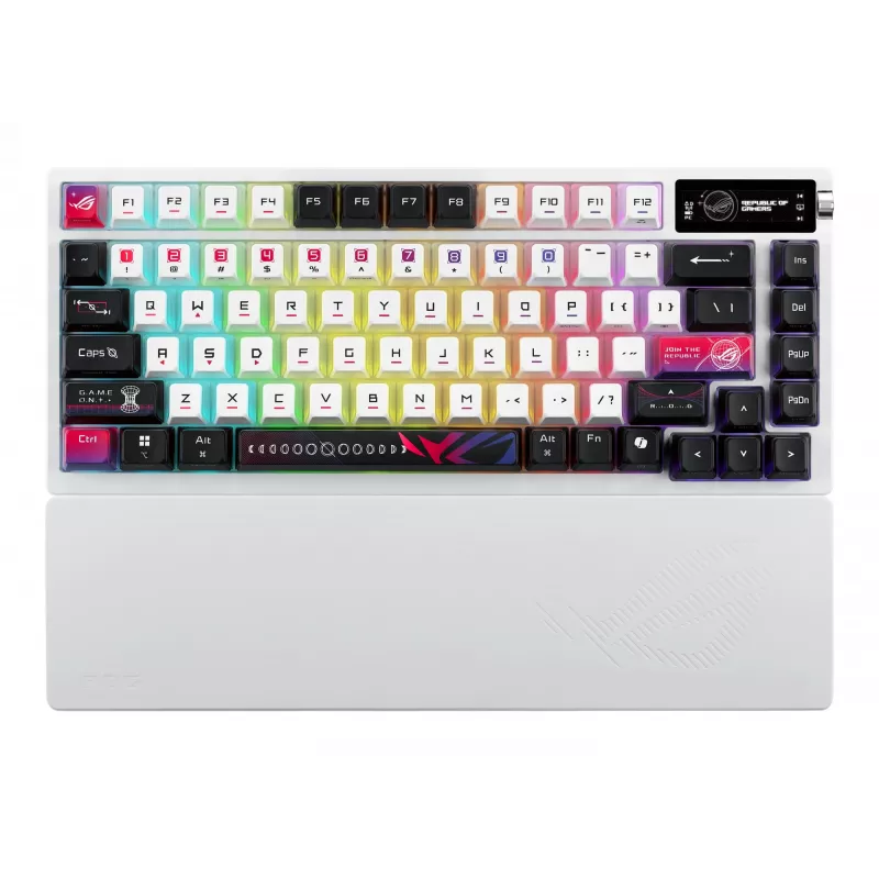 Mechanische Gaming-Tastatur ASUS ROG Azoth X — 75%-Layout, USB + RF Wireless + Bluetooth, RGB, Handgelenkauflage, Schwarz/Weiß