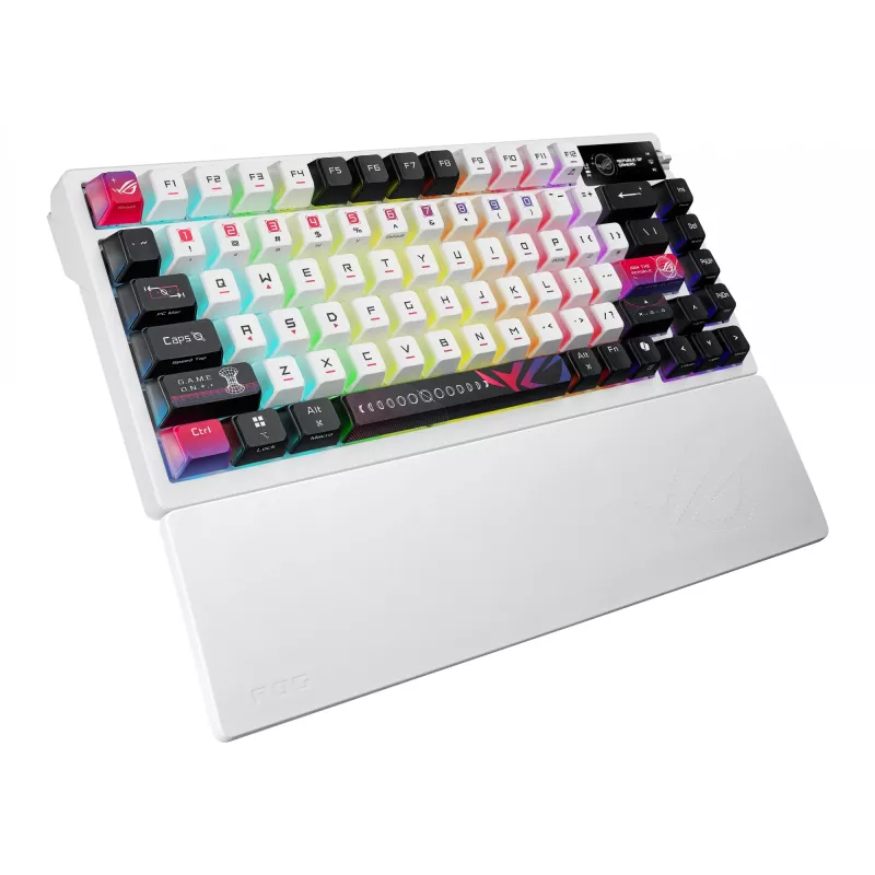 Mechanische Gaming-Tastatur ASUS ROG Azoth X — 75%-Layout, USB + RF Wireless + Bluetooth, RGB, Handgelenkauflage, Schwarz/Weiß