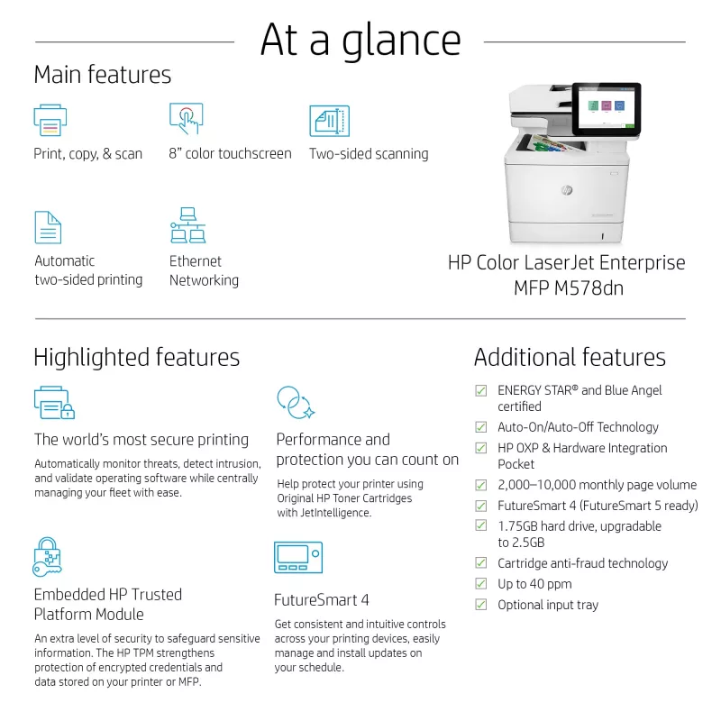 HP Color LaserJet Enterprise MFP M578dn, Laser, Farbdruck, 1200 x 1200 DPI, A4, Direktdruck, Weiß
