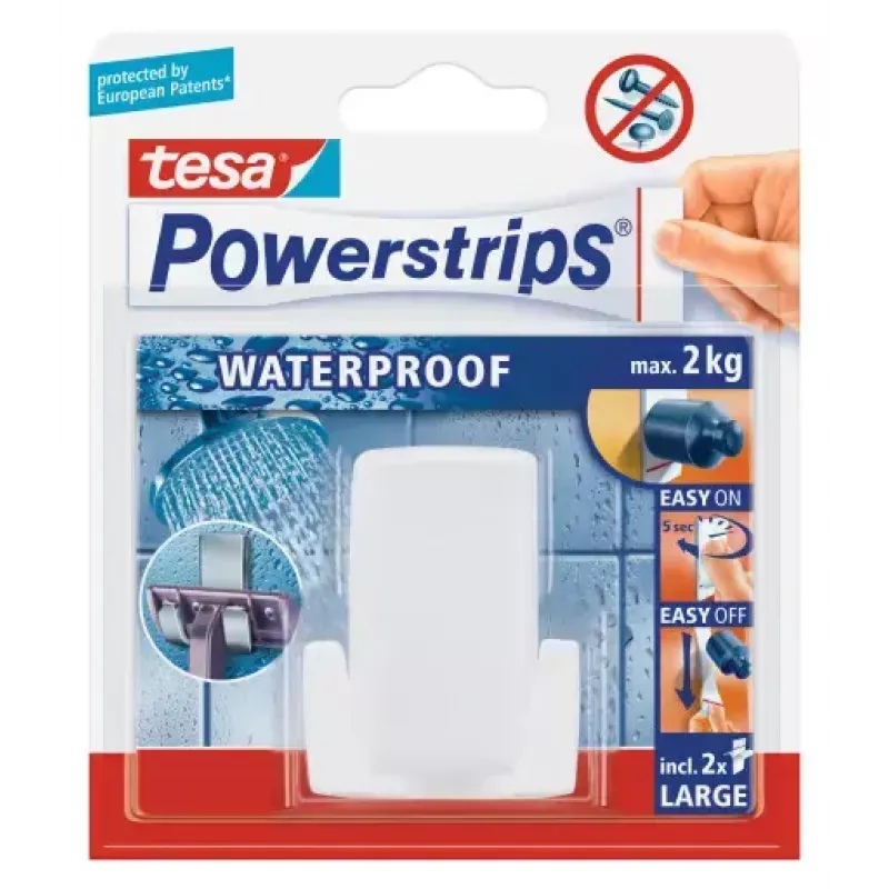 Rasiererhalter Tesa Powerstrips Waterproof Wave, selbstklebender Badezimmerhalter, wasserdichtes Design, weiß