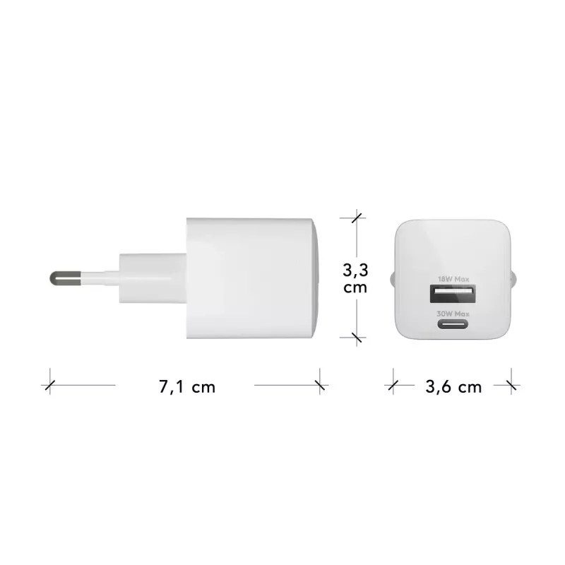 USB-C 30W + USB-A 18W Ladegerät für den Innenbereich von d bramante – Modell CH18EUWH7082, Weiß, AC 110–240V