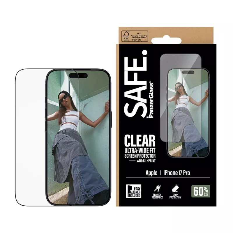 Bildschirmschutzfolie PanzerGlass SAFE. by für iPhone 17 Pro — Ultraweite PET-Folie mit schwarzem Rahmen, Trockenanbringung, kratz- und stoßfest