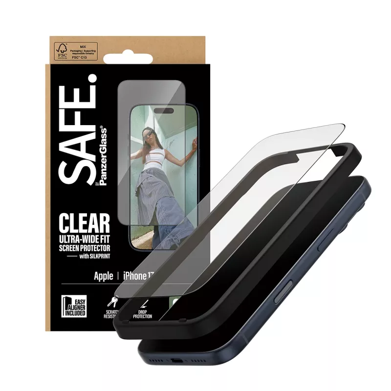 Bildschirmschutzfolie PanzerGlass SAFE. by für iPhone 17 Pro — Ultraweite PET-Folie mit schwarzem Rahmen, Trockenanbringung, kratz- und stoßfest