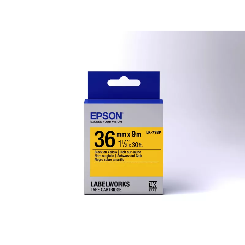 Epson Labelkassette Pastel LK-7YBP Schwarz/Gelb 36mm (9m), Schwarz auf gelb, Japan, LabelWorks LW-1000P, LW-900P, 3,6 cm, 9 m, 1 Stück